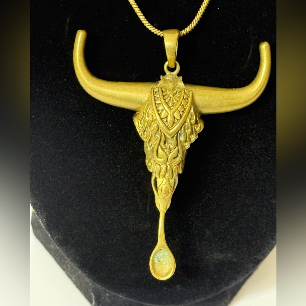 Mini Spoon Mens Brass Necklace‎ Bull Skull Tribal Pendant 28" Long Necklace